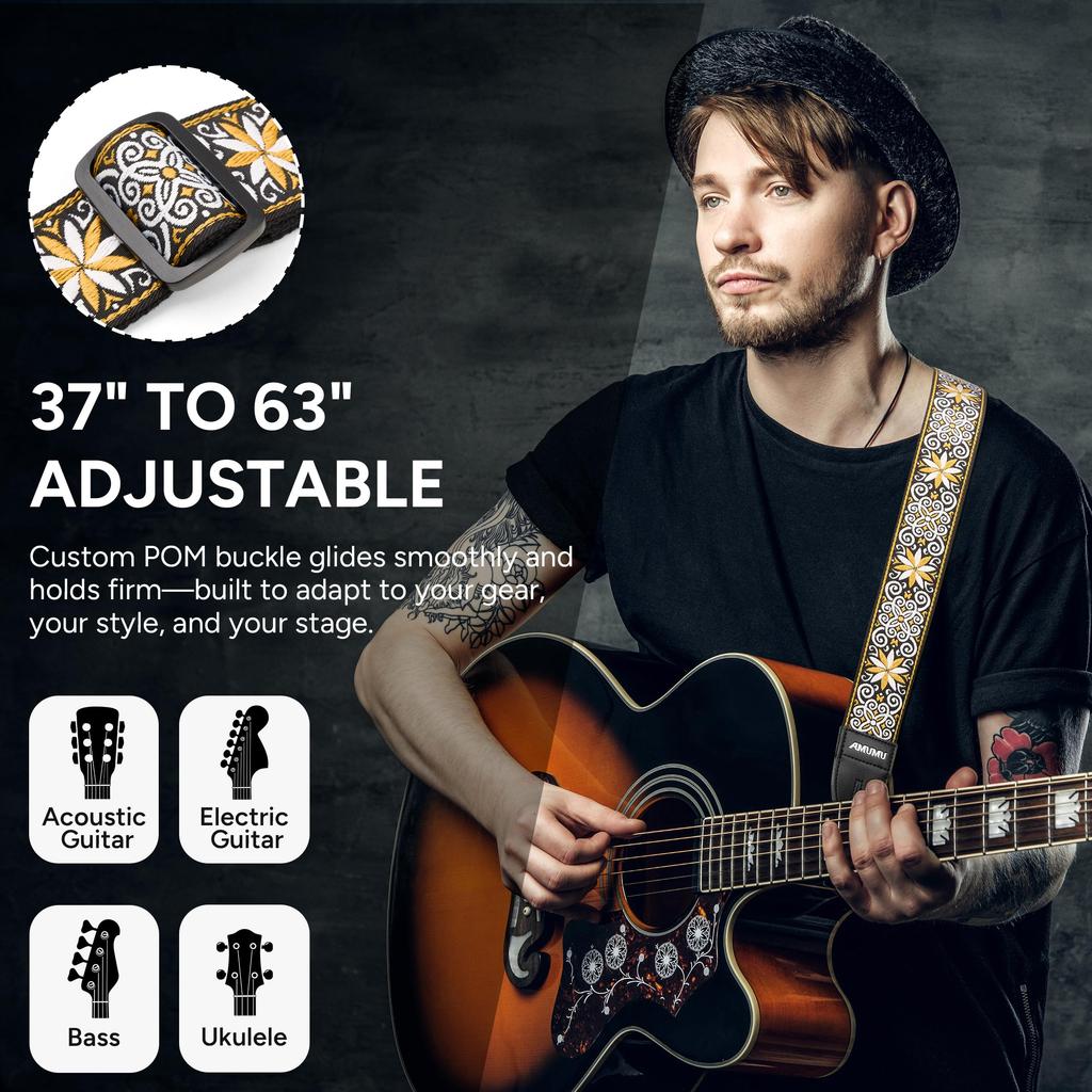 5cm Wide Yellow Hootenanny Embroidered Guitar Strap Premium Leather Ends Compatible with Bass and Mandolins [Amumu] - - Acoustic, Electric, Guitars,