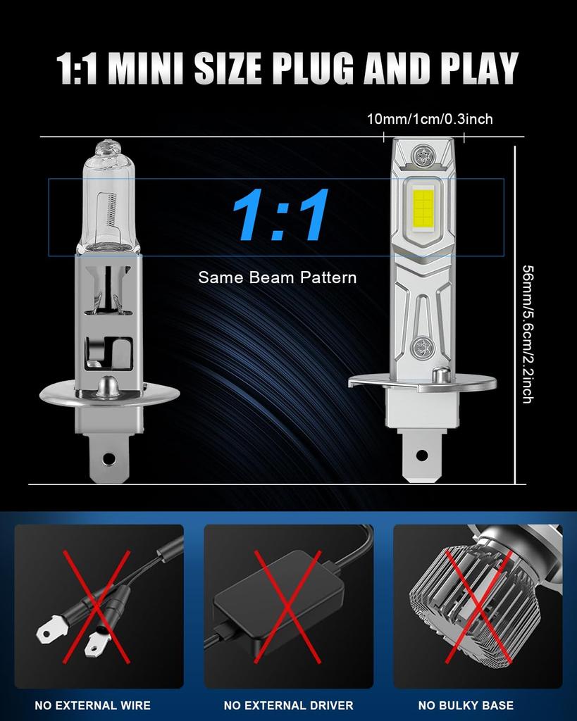 H1 LED Headlight, Compatible with Car Inspections, H1 LED, High Brightness LED Chip, Burst