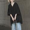 ZANZEA Women Casual V Collar 3/4 Sleeve Solid Color Loose Long Tunic Blouse