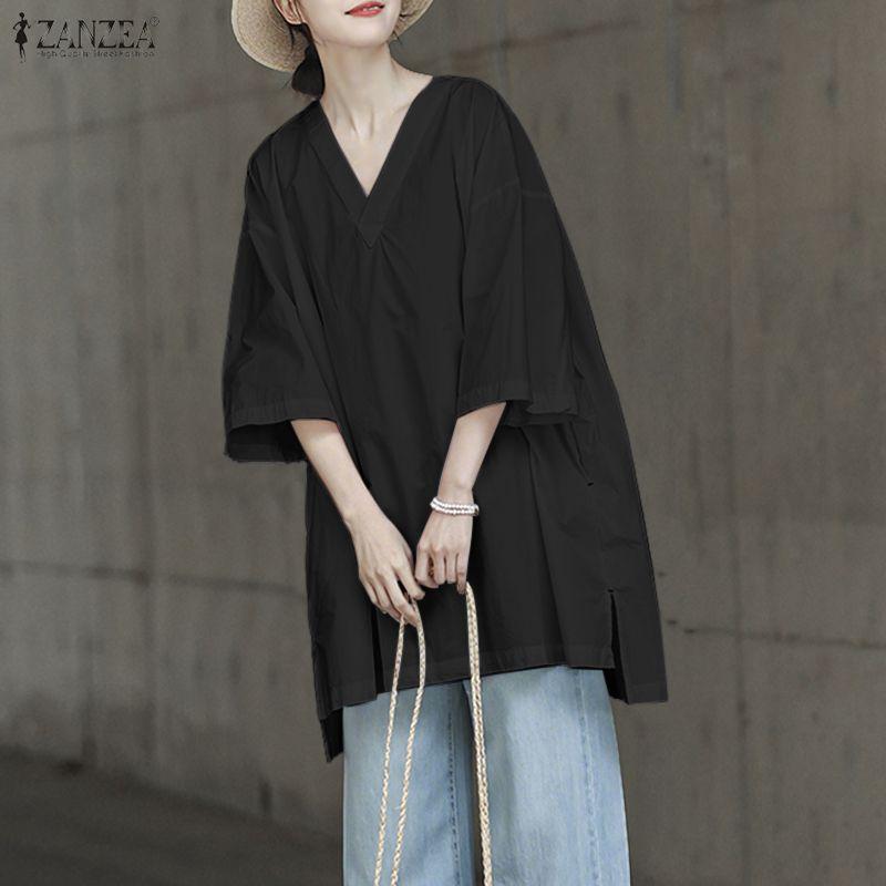 ZANZEA Women Casual V Collar 3/4 Sleeve Solid Color Loose Long Tunic Blouse
