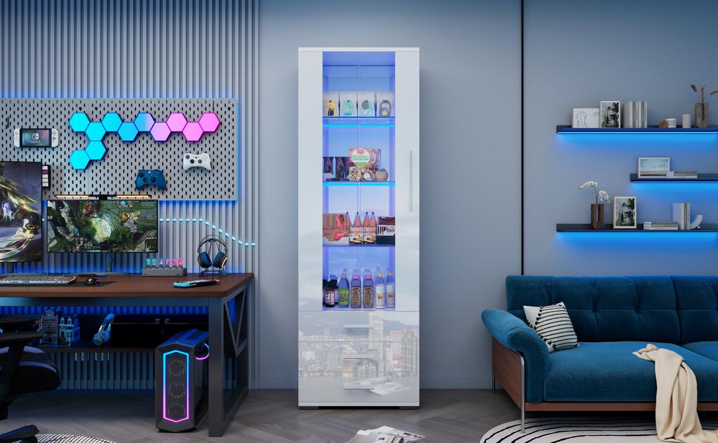 White high-gloss display cabinet, glass display cabinet, standing display cabinet with LED lighting, vertical with 3 drawers, 60*35*180cm