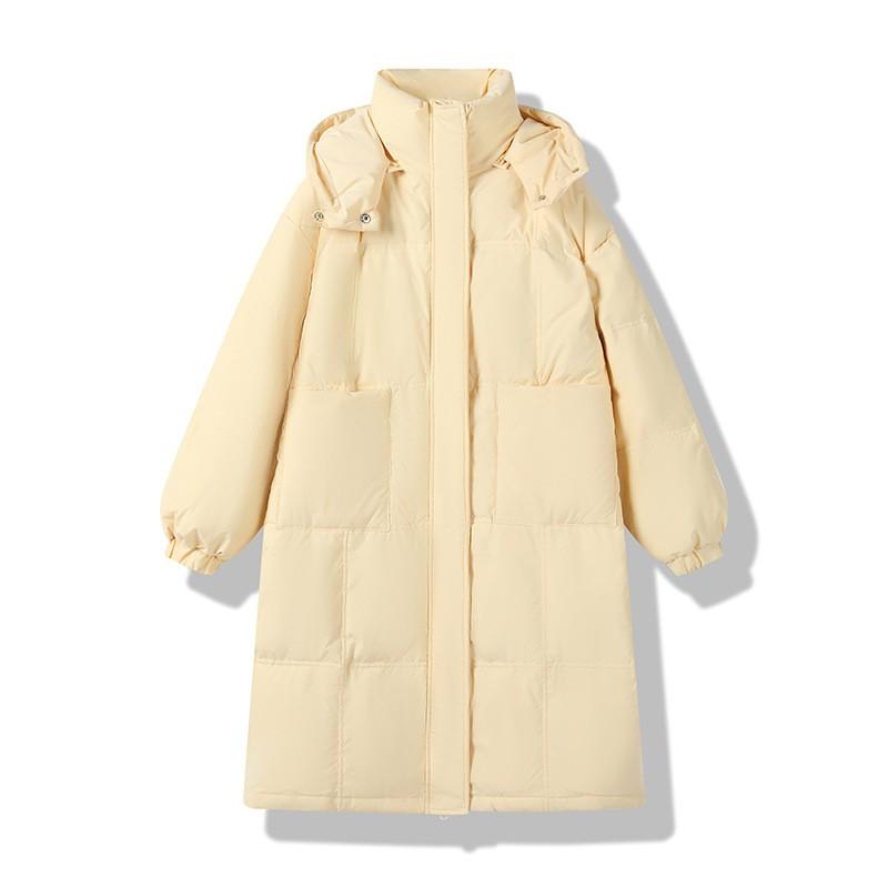 Womens Long Puffer Coat Soft Light Yellow Hooded Winter Jacket Loose Fit Petite