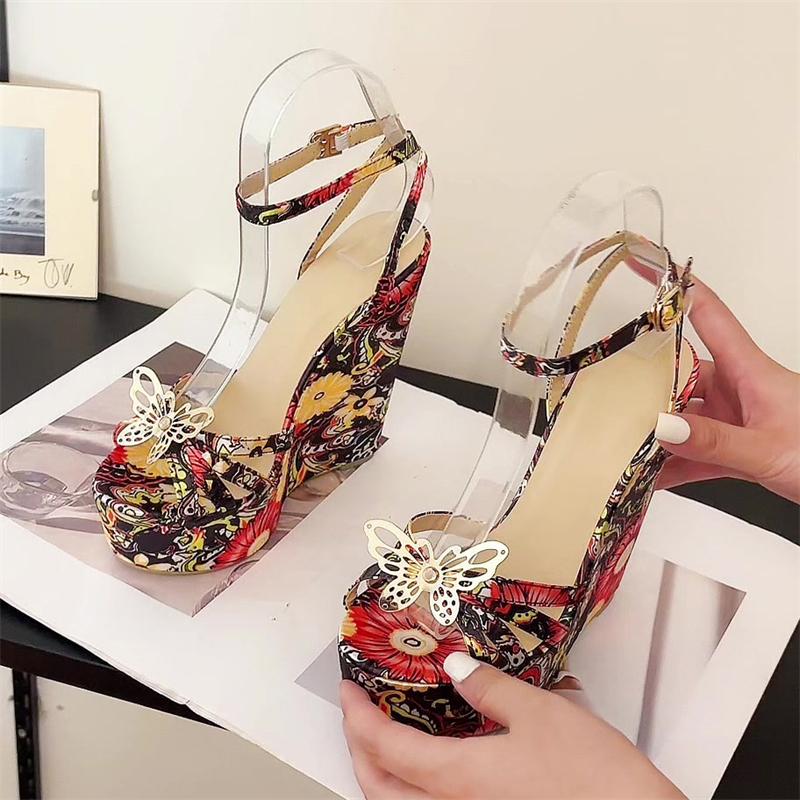 Aneikeh Летние женские босоножки с открытым носком и пряжкой на ремешке, дизайнерские босоножки на танкетке с цветочным принтом, на платформе и высоком каблуке, для банкетов и вечеринок