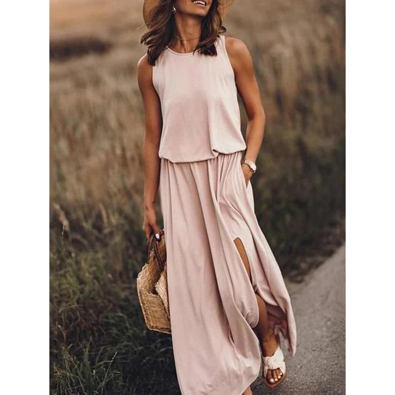 Летнее новое европейское и американское женское платье с круглым вырезом без рукавов с разрезом по бокам разноцветное однотонное платье