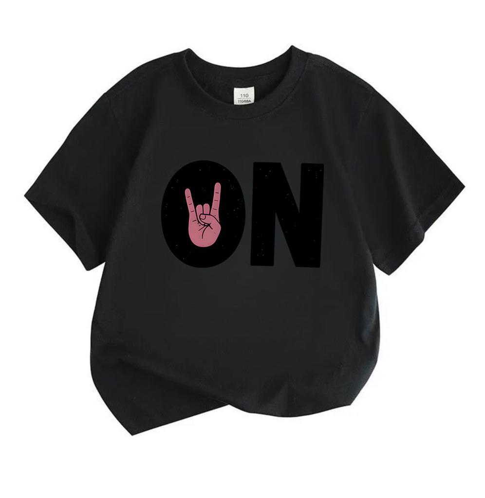 Kids Boys Girls 100% Cotton Crew Neck Short Sleeve T-Shirt, Funny Rock Hand Sign ON Pattern Casual Soft Tees for Daily Wear Hip Hop Music Themed Tops