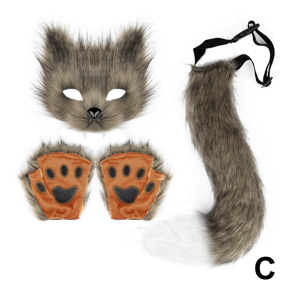 Fox Costume Set Cosplay Halloween Costume Plush Masque Fluffy Paw Gloves Halloween Party Accessories Faux Fur Fox Tail Set