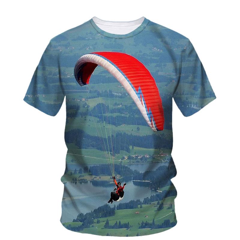 3D Parachute Paraglider Printed Casual Short Sleeved Children's Boy T-shirts  - Soft Medium Stretch Fabric Spring and Autumn Relaxed Fit Clothing