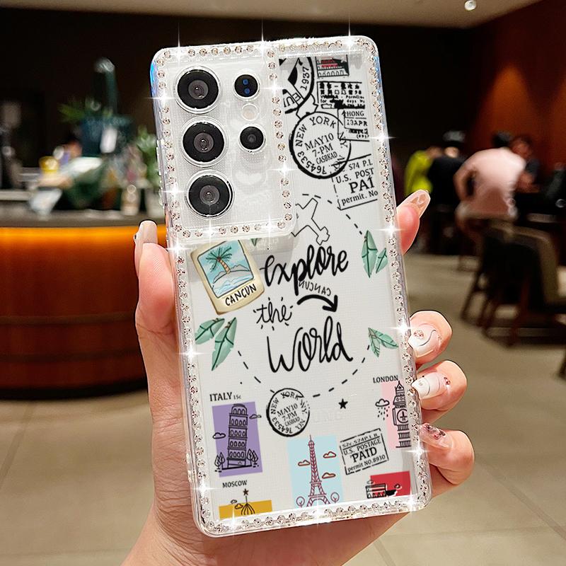 Airplane Snow Mountain Diamond Case For Samsung Galaxy A56 A55 A54 A36 A15 A16 A25 5G S25 Edge S24 Ultra S23 FE TPU Phone Cover