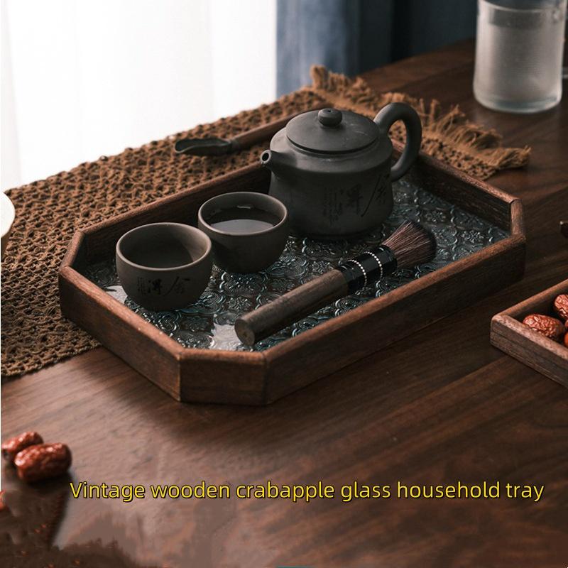 Vintage Wood Crabapple Glass Walnut Snack Storage Box Rectangular Tea Tray Dried Fruit Dim Sum Tray Household Tray