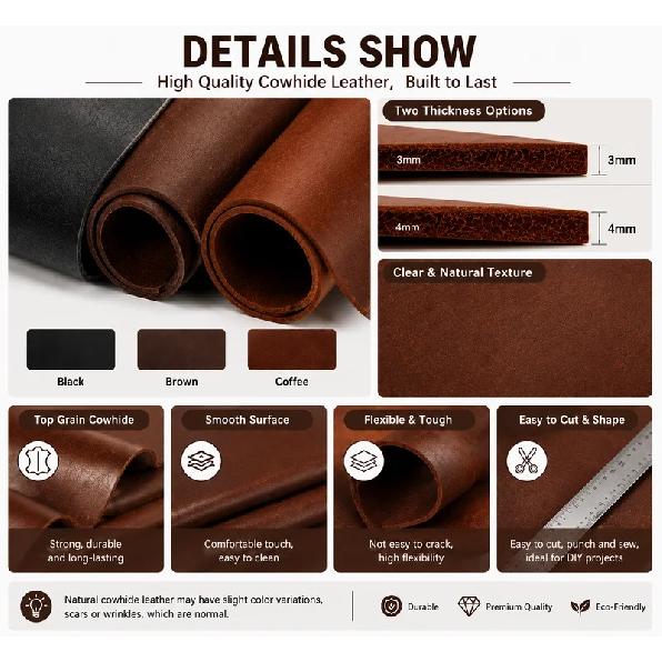 1PC Premium Vegetable-Tanned Leather Hide Matt Finish Natural Cowhide for DIY Leathercraft Bag Making Wallet Material Grain Patt