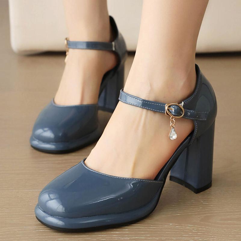 FOREADA Women Pumps Thick Super High Heels Round Toe Mary Janes Crystal Party Sexy Spring Autumn Shoes Red Black Dark Blue