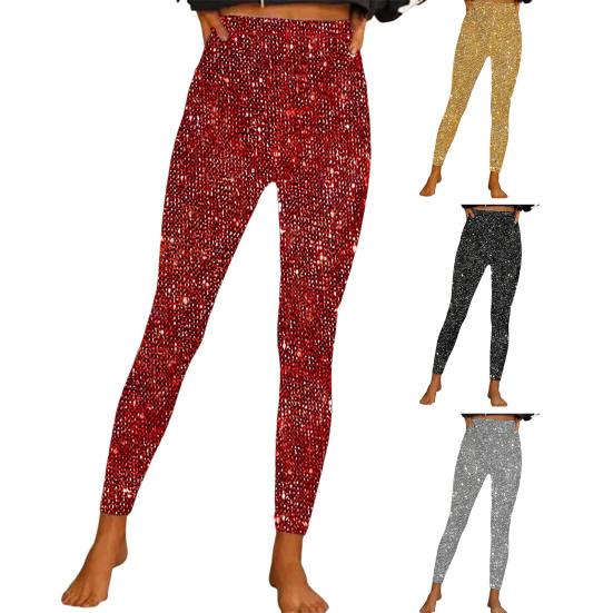 Женские брюки-карандаш с высокой талией, блестящие длинные брюки из эластичной ткани, блестящие леггинсы с пайетками