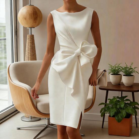 Женское приталенное платье без рукавов с драпировкой, бантом и разрезом сбоку, миди-платье, женское официальное коктейльное платье, платье для работы