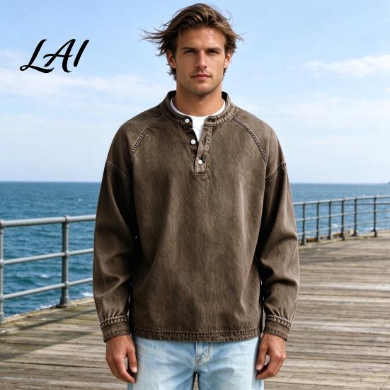 Daily Errands Clothing Vintage Long Sleeve Men Tops Distressed Shirt Tops with V-Neck Easy Care Apparel Loose Fit Casual Fall Pullover for Everyday