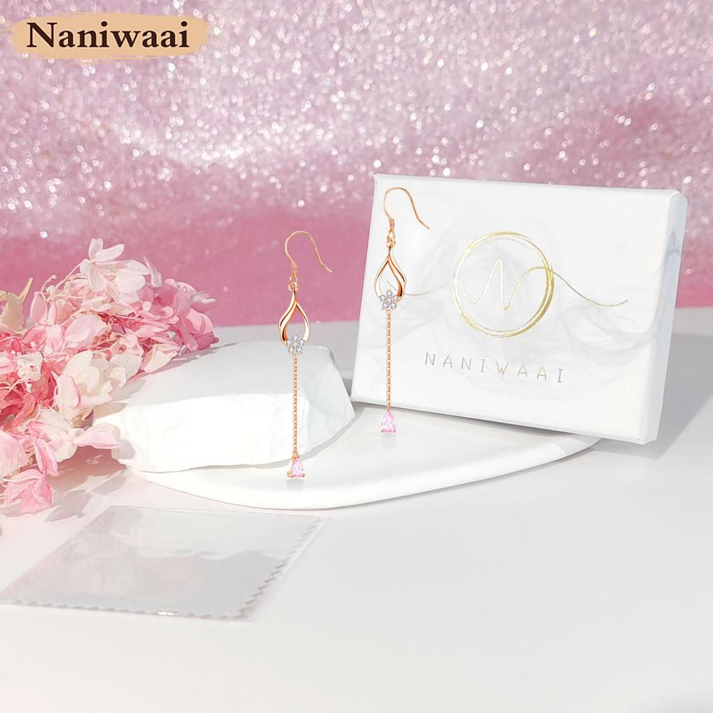 Naniwaai Популярный камень месяца рождения Подвеска Цветок вишни Гипоаллергенный Длинный Цветок Ювелирные изделия Женские серьги, Октябрь, Серьги, Крючок, Серьги, Серьги, Серебро,