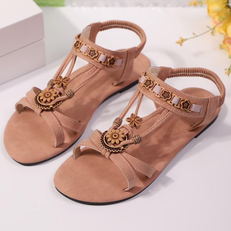 Fashion Vintage Ethnic Wind Soft Sole Sandals Women Boho Beaded Non-Slip Vacation Seaside Flat Beach Shoes Plus Size