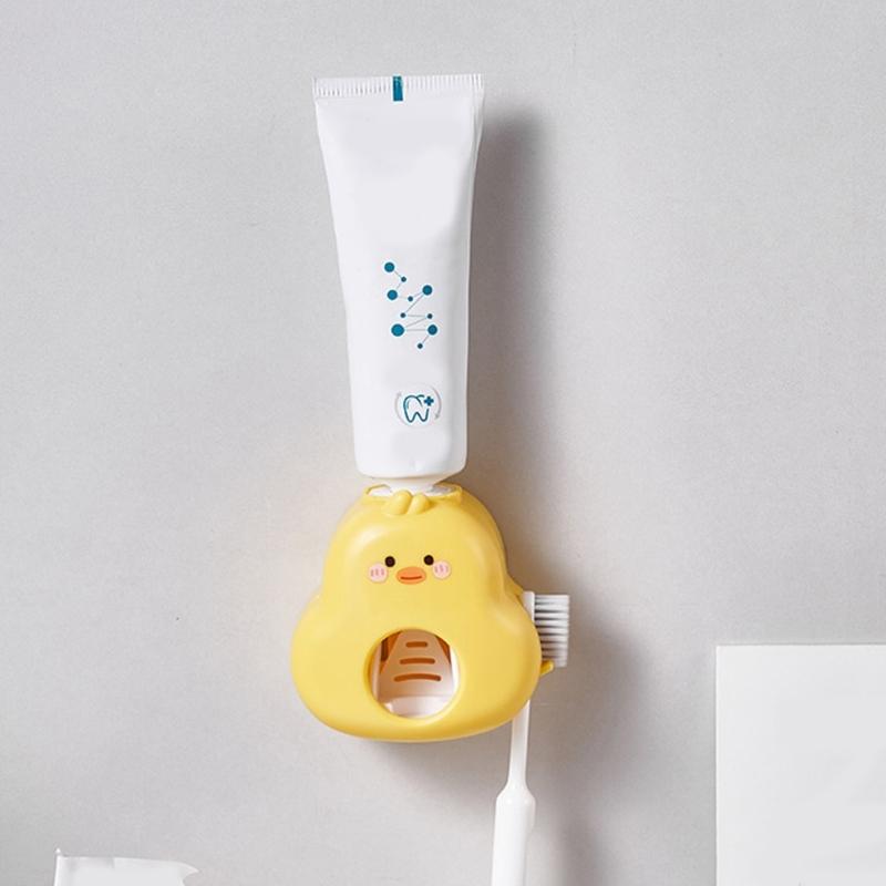 Automatic Press Toothpaste Dispenser Wall Mounted Cute Duck Design Space Saving Bathroom Tool Toothbrush Holder Rack