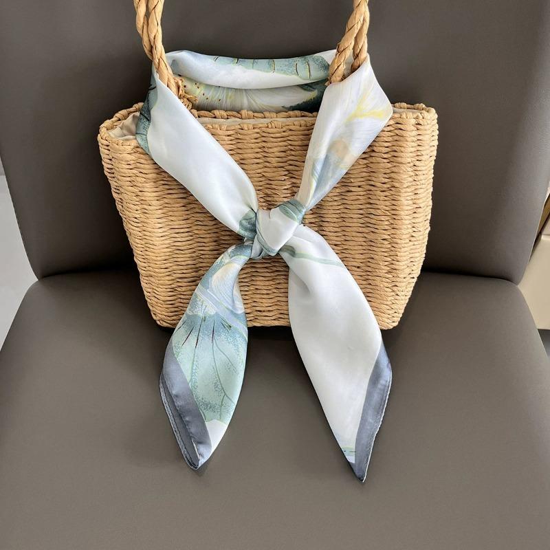 70cm Fresh Lotus Silk Scarf Women's Imitation Silk Fresh and Elegant Printed Scarf Thin Spring Summer and Autumn Shawl Headscarf