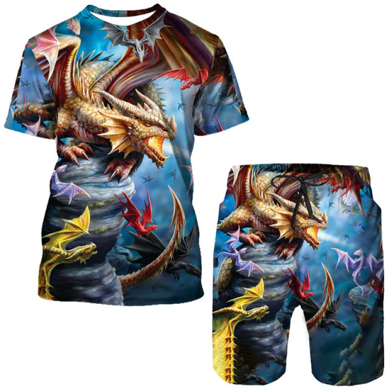 Мужская футболка/костюм с 3D принтом Flying Dragon Totem Art, летний крутой топ с короткими рукавами + шорты, комплект, готический спортивный костюм в стиле хип-хоп