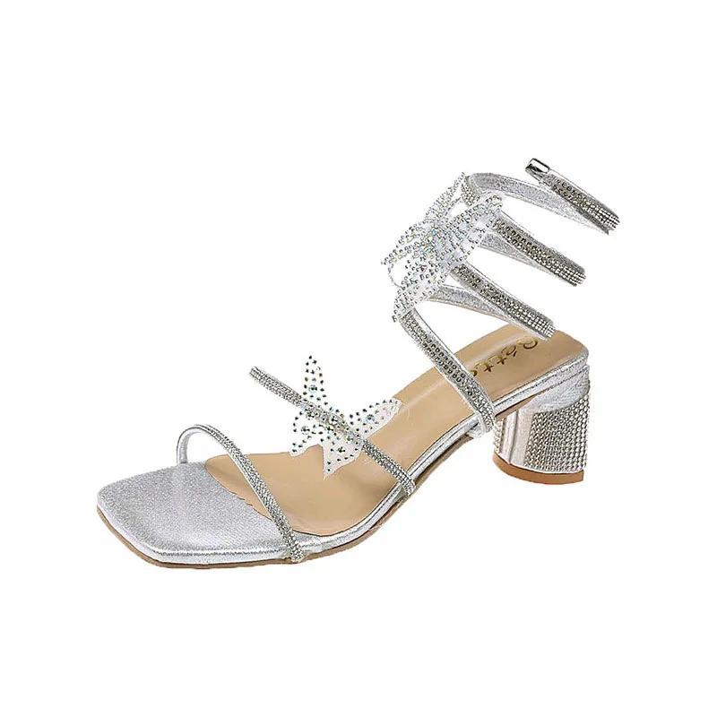 Модные женские сандалии на высоком каблуке Fairy, новинка 2024 года, летние сексуальные блестящие сандалии со стразами и змеей, тапочки, женская классная обувь