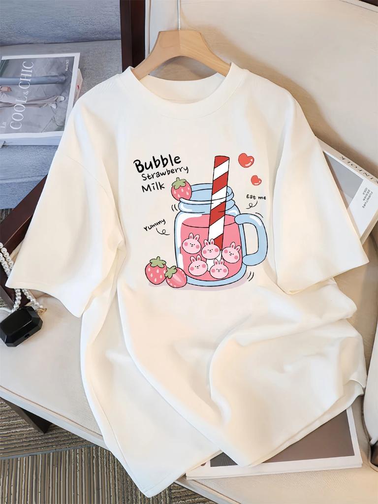 Delicious Strawberry Drink Printed Unisexs Tshirt Summer Breathable Street Casual Sports Short Sleeve Unisex Clothing Y2k