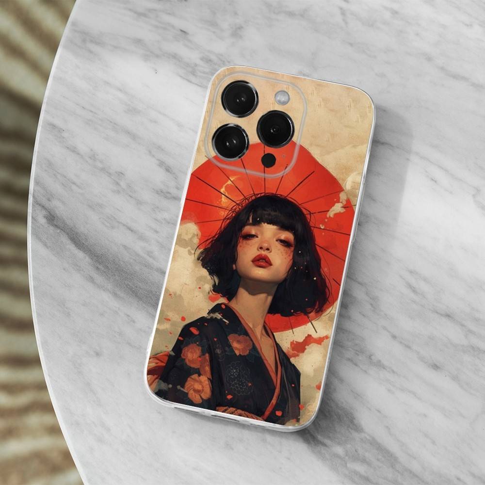 Geisha Woman Japanese For iPhone 12,Mini,16,X,13,XR,15,Pro,17,Plus,11,Max,14,SE,XS,Transparent Soft Cover Case