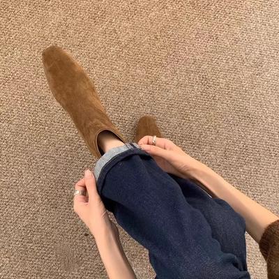 Замшевые ботильоны на толстом каблуке, французские, с квадратным носком, облегающие, короткие, женская обувь 2025 осень и зима, бархатные, коричневые ботинки мартин