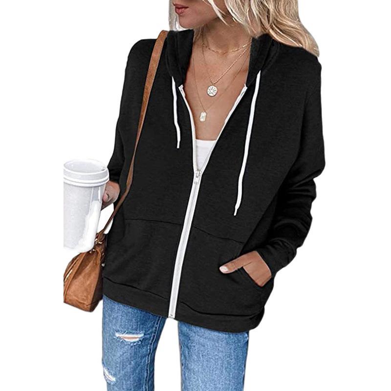 2021 Cross-Border Autumn/Winter Solid Color Hooded Zip-Up Sweatshirt with Drawstring and Pockets