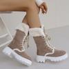 Модные утепленные плюшевые женские зимние сапоги 2025 новые сапоги до середины икры на шнуровке, платформа из искусственного меха, ботильоны, женская утолщенная хлопковая обувь