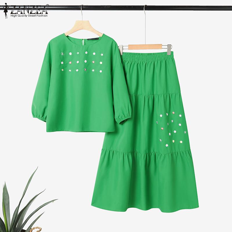 ZANZEA Women 3/4 Sleeve Blouse and Long Skirts Casual Two Piece Suit Sets