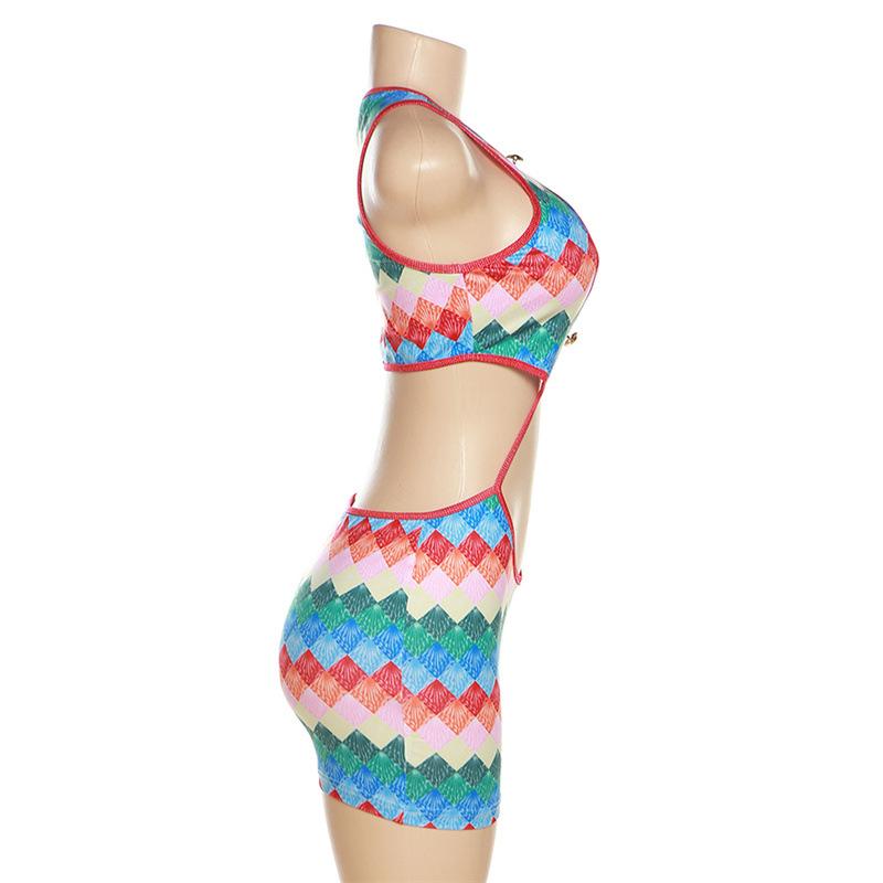 Women Fashion Casual Sleeveless Round Neck Mini Dress Multi-Color Abstract Print Hollow Out Casual Dress