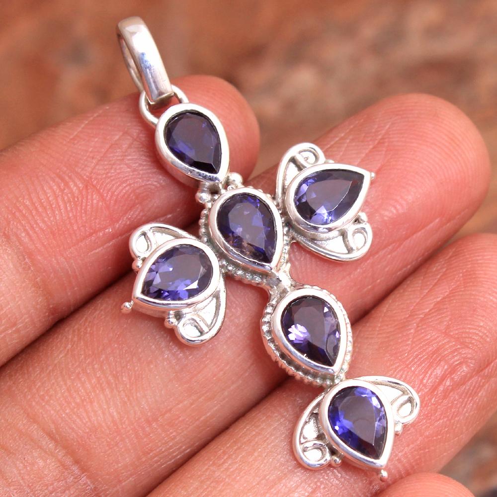 Reiki Pendant, Silver Jewelry, Crystal Healing Pendant, Iolite Silver Pendant, 925 Sterling Silver Handmade Jewelry, Cross Pendant