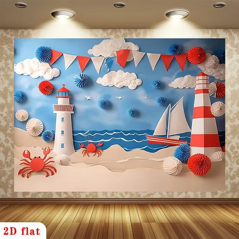 2D Nautical Beach Photo Backdrop Baby Shower Decor Cloth
