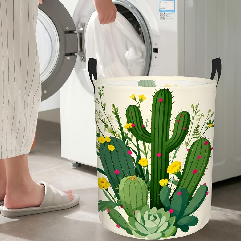 1pc Collapsible Laundry Basket with Sturdy Handle & Desert Cactus Flower Hamper - Round Space-Saving Suitable for Dorm, Bathroom, Bedroom Storage, Cac