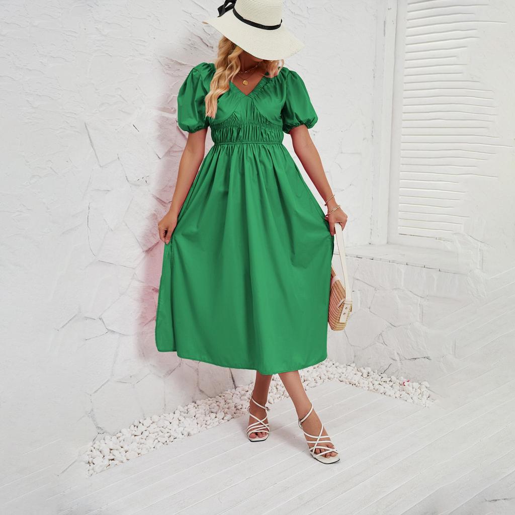 Летнее женское модное однотонное плиссированное платье с коротким рукавом длиной до щиколотки без бретелек