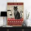 Cat Floral Leaf Wine Prints Poster, Animals Plant Art Canvas Painting, Vintage Cute Funy Home Restaurant Bedroom Kids Room Decor Gift No Frame
