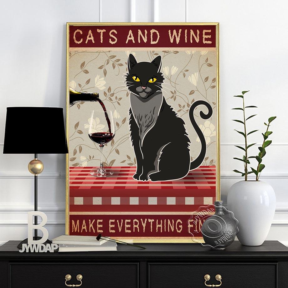 Cat Floral Leaf Wine Prints Poster, Animals Plant Art Canvas Painting, Vintage Cute Funy Home Restaurant Bedroom Kids Room Decor Gift No Frame