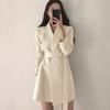 Women Suit Coat Lapel Long Sleeve Belt Suit Jacket with Side Pockets Solid Color Loose Fit Office Lady Outwear