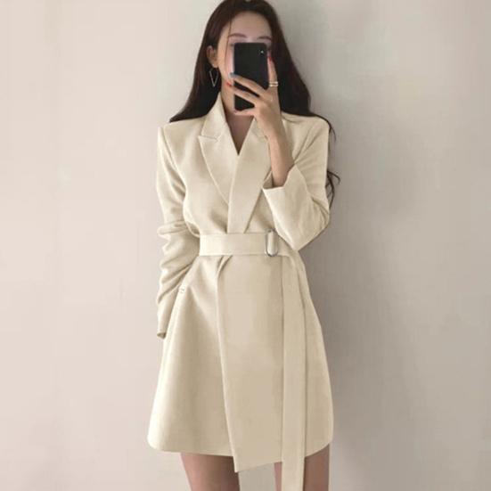 Women Suit Coat Lapel Long Sleeve Belt Suit Jacket with Side Pockets Solid Color Loose Fit Office Lady Outwear