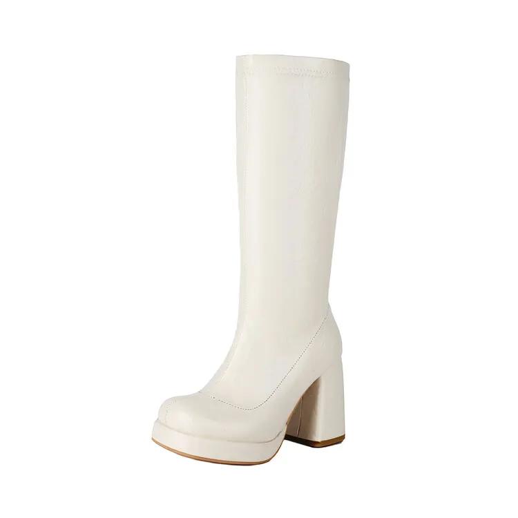 Мода Новые Однотонные Плиссированные Ленивый Стиль Черные Белые Ботфорты женские Сексуальные Высокие Каблуки 9,5 см Показ Моды Длинные Сапоги Размер 34-46
