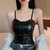 Hot Girl PU Leather Camisole Vest For Women Autumn And Winter Black Temperament With Chest Pad Short Inner Wear Top Base Layer Outer Wear