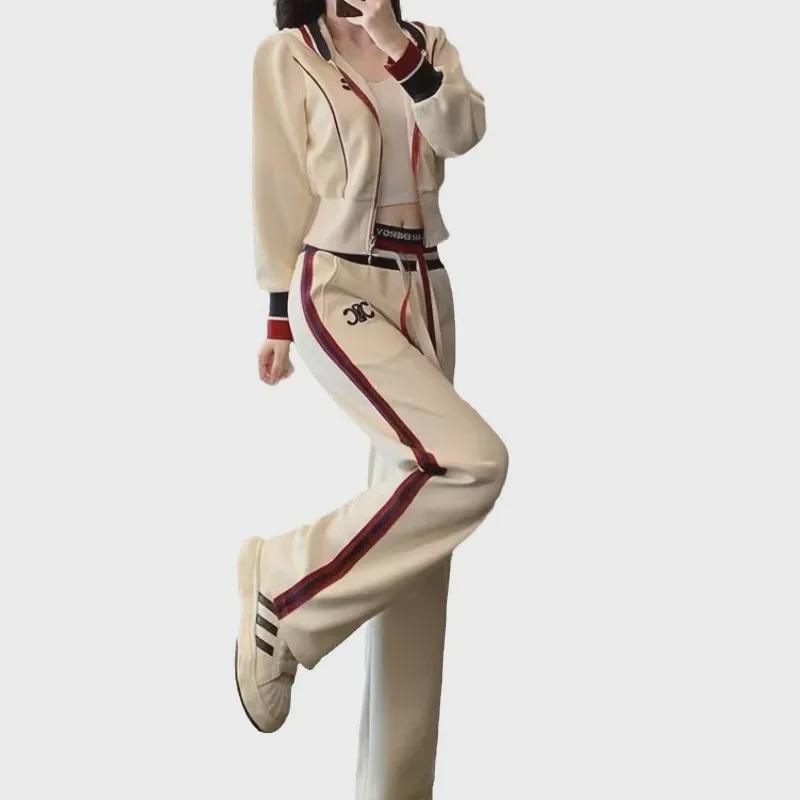 Женский комплект из двух предметов: кардиган с капюшоном и широкие брюки, осень 2024 года