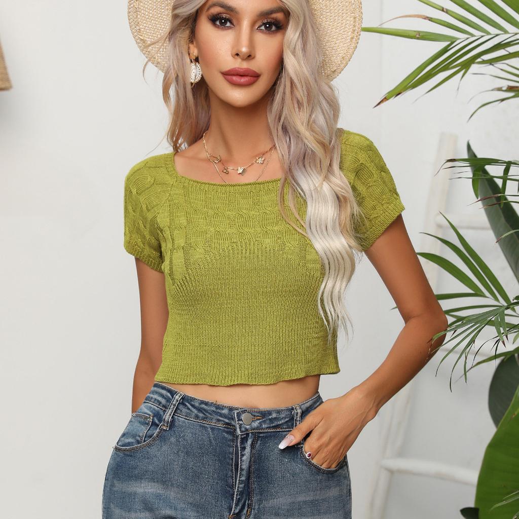 GMXIA Women's Fashion Casual Solid Color Print Summer Spring Short Sleeve O-Neck Knitted Short Sleeves