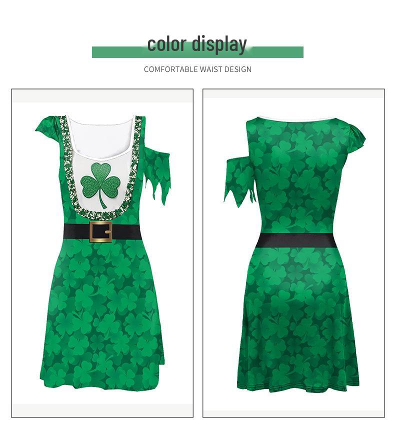 Clover St. Patrick's Day Irregular Sleeve Dress with Digital Print Skirt for Women
