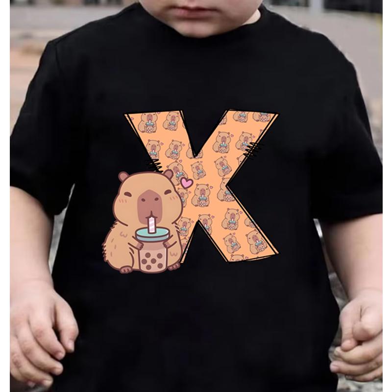 26 Capybara Alphabet Print Kids Tshirt Casual Funny Birthday Gift T Shirt Clothes Short Sleeve Y2K Tops Girls Boys Cotton Tee