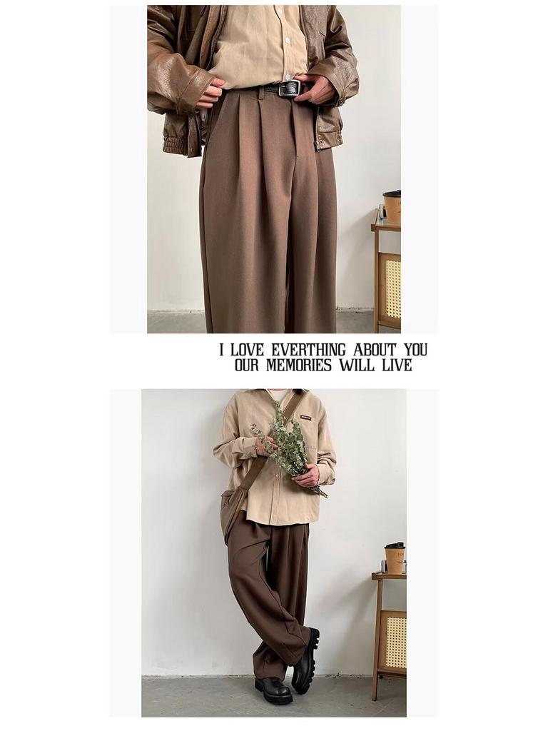 Men's Retro Brown Wide-Leg Sweatpants - Loose Straight Drape for Spring & Autumn