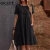 QICED Женская мода лето весна однотонный принт О-образный вырез высокая талия повседневные платья