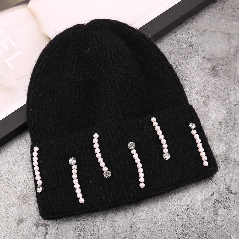 Autumn and winter new fashion rabbit hair blended rhinestone pearl installation versatile knitted hat outdoor simple warm wool hat