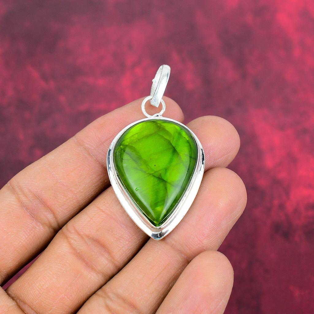 Кулон с зеленым лабрадоритом, драгоценным камнем, ювелирные изделия ручной работы, кулон из стерлингового серебра 925 пробы, подарок жене, ювелирные изделия