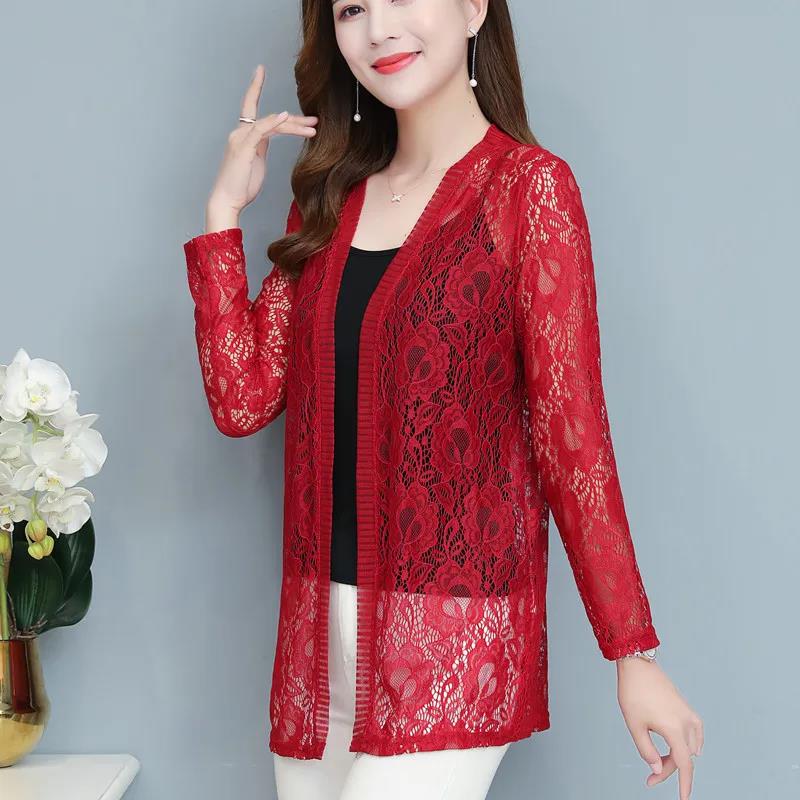 XL-5XL Spring and Summer Plus Size Women's Tops Mid-length Lace Cardigan Thin Coat Casual Long-sleeved Sun Protection Clothing